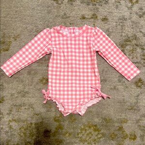 RuffleButts Toddler Girl Long Sleeve Rashguard Swimsuit Pink Gingham 2T
